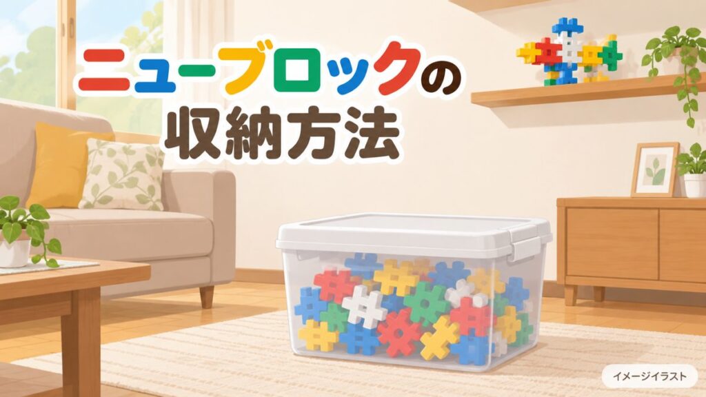 ニューブロックのパーツを元のケースにまとめ、完成作品を高い棚に置く様子のイメージイラスト